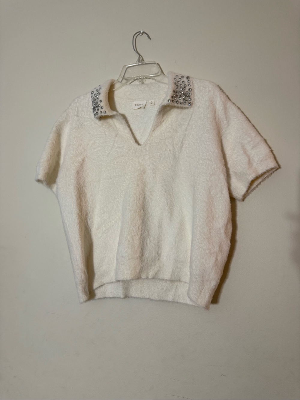 Cyrus Cream Jeweled Collar Short Sleeve Sweater